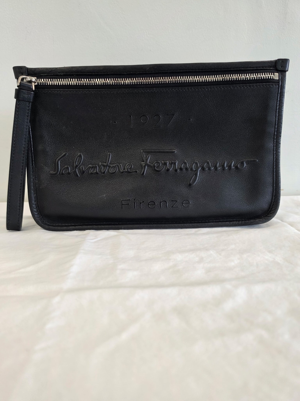 Salvatore Ferragamo Black Leather Zip Clutch